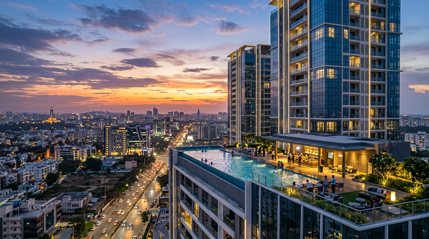 Artistic impression of Arvind Skycrest with rooftop pool at sunset