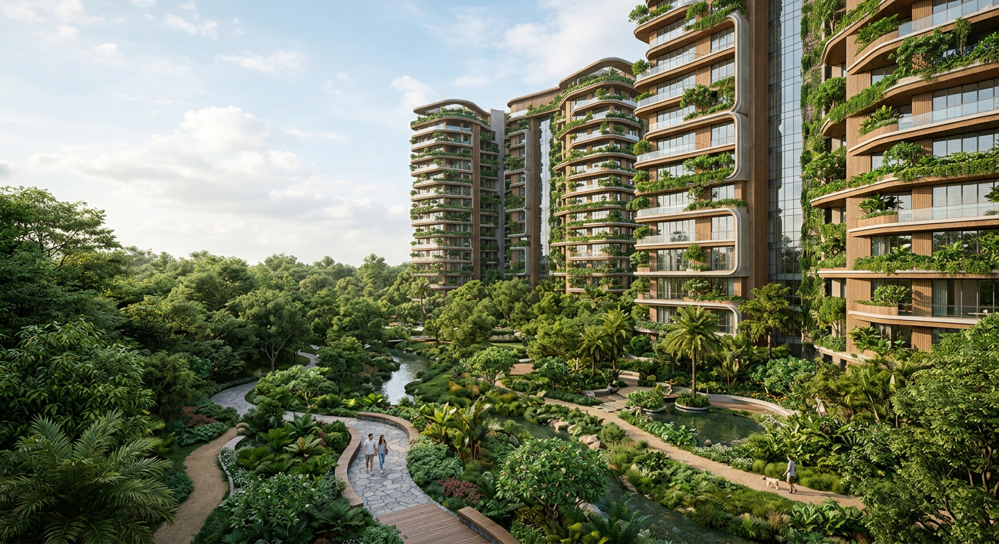 Artistic impression of Arvind Sylva surrounded by landscaped gardens